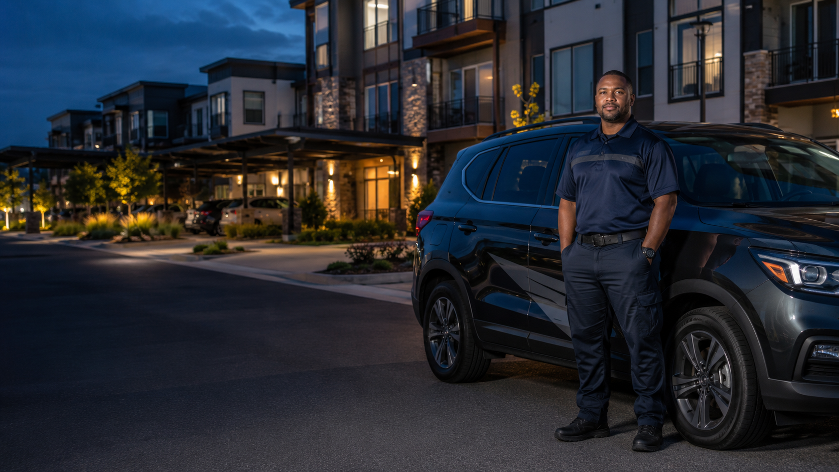 Illustration of an unarmed private security officer beside a vehicle at an apartment community